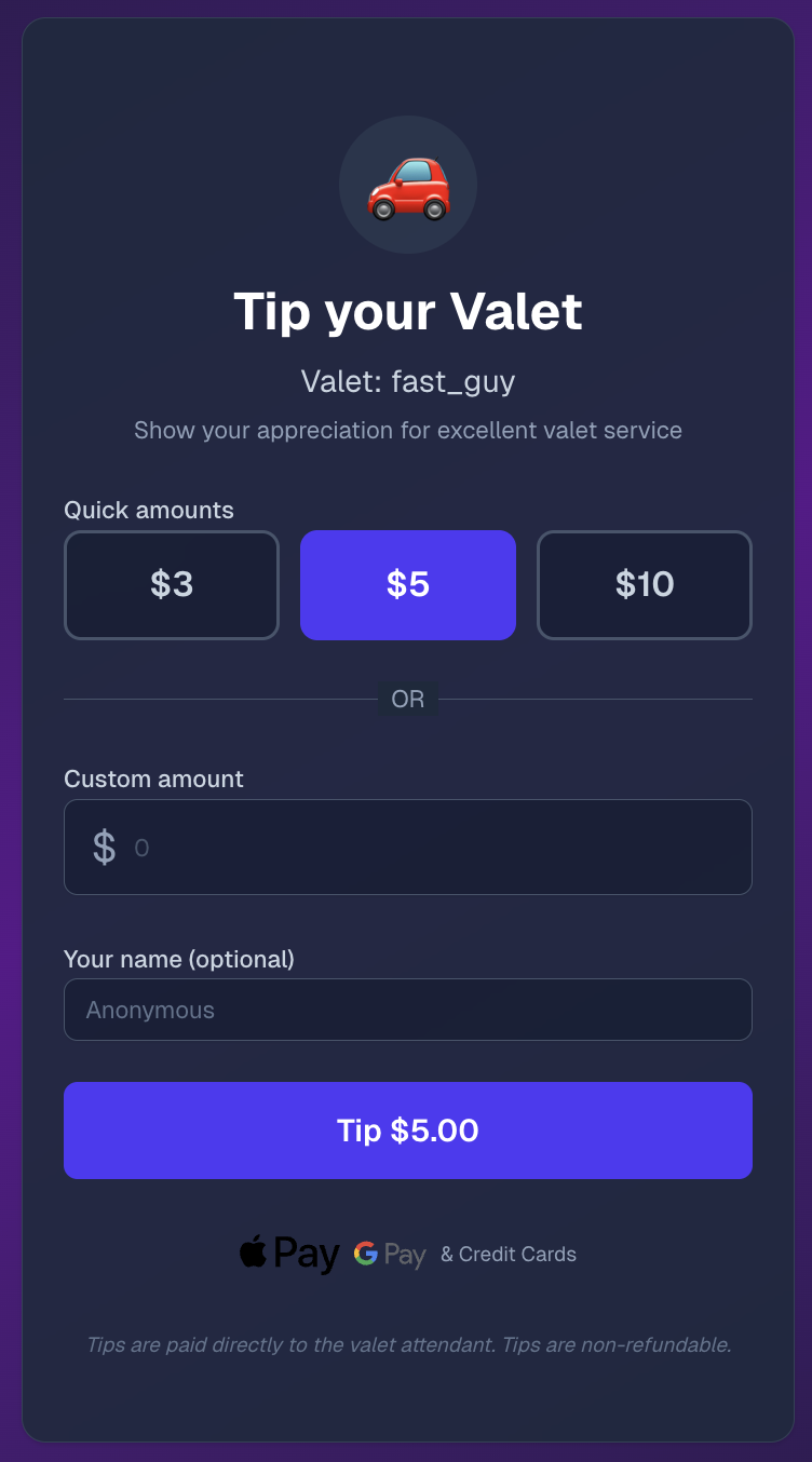 Customer tipping interface showing tip amounts and payment options